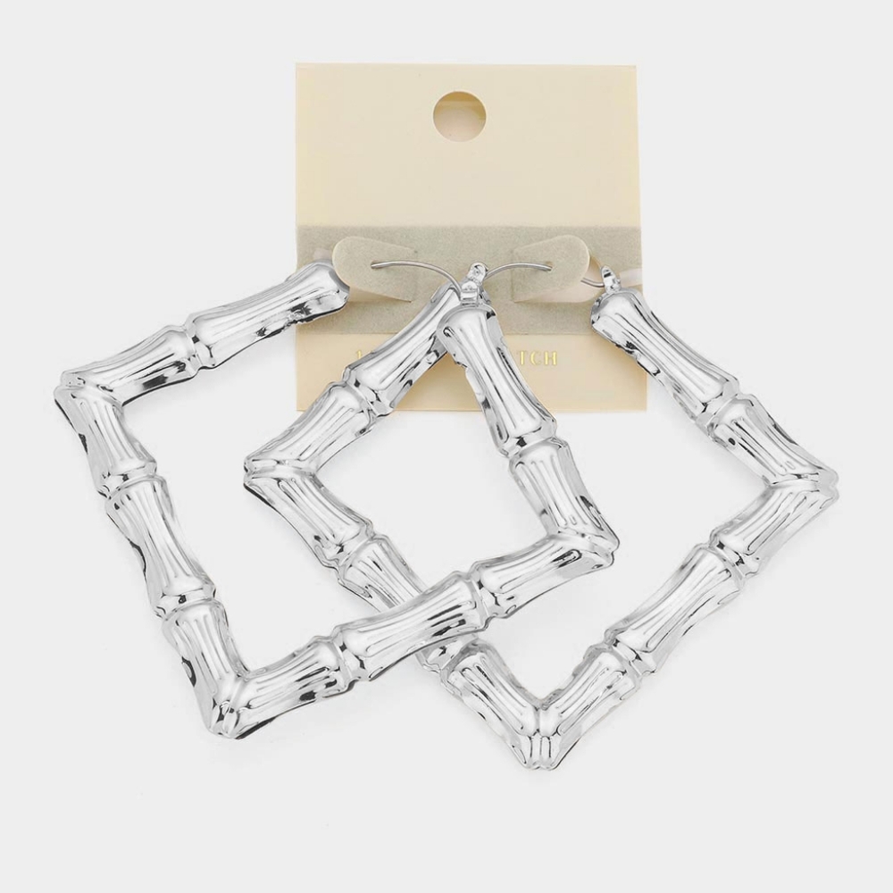 Silver 14K Bamboo Doorknocker Square Earrings Trendy Fashion Accessory